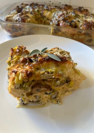 A picture of Mushroom Bread Pudding.