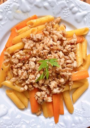 Hình của món Nui Ống Xào Phủ Thịt Băm Rang.