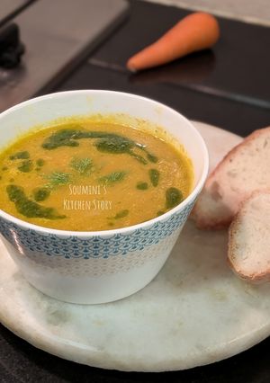 A picture of Dill and carrot soup with fennel oil dressing.