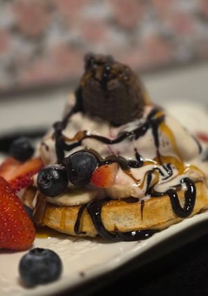 A picture of Ice Cream Laden Waffles.