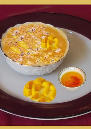 A picture of Sweet Pachadi with ripe mango and jaggery.