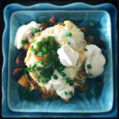 A picture of Spanish chorizo breakfast scramble.