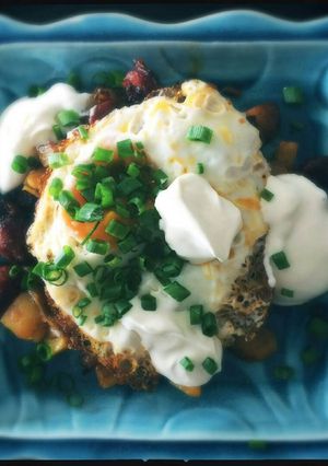 A picture of Spanish chorizo breakfast scramble.