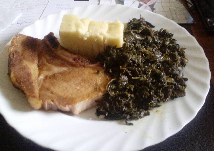 Ugali with Managu &amp; grilled pork chops