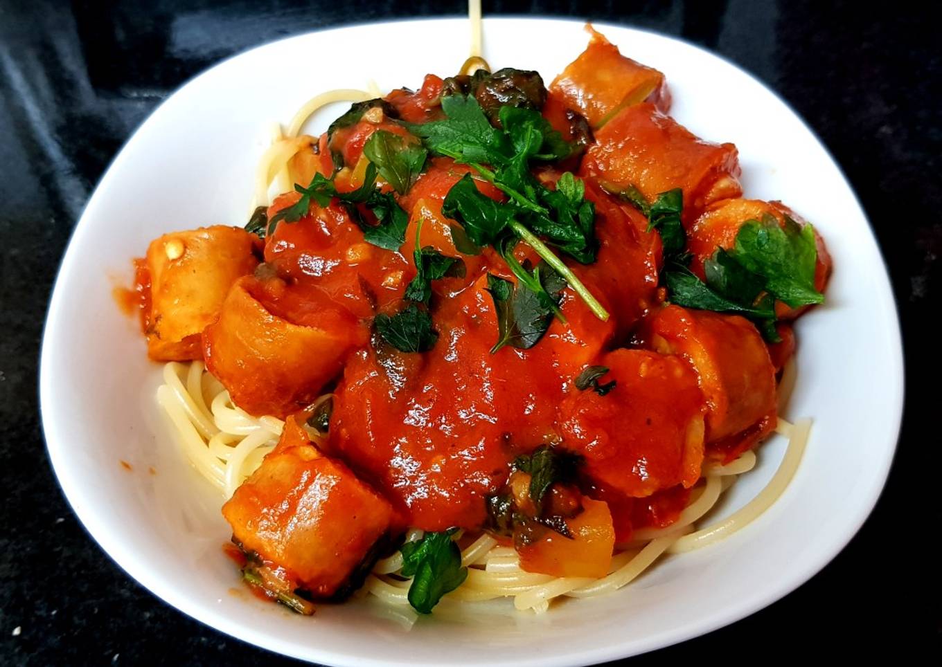 My Italian Style Chicken Sausage bake on Spaghetti 🤗