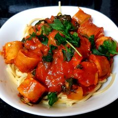 My Italian Style Chicken Sausage bake on Spaghetti 🤗 A picture of My Italian Style Chicken Sausage bake on Spaghetti 🤗.