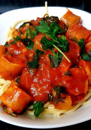 A picture of My Italian Style Chicken Sausage bake on Spaghetti 🤗.