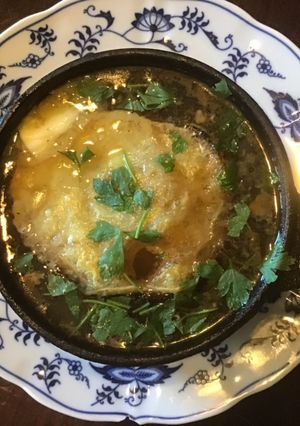 A picture of California Farm Baked Yellow Onion Soup.