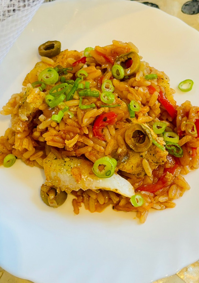 A picture of Baked Cod with Salsa and Rice.