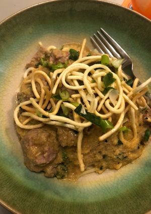 A picture of Beef noodle curry.