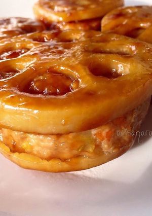 รูปของ รากบัวยัดไส้เคี่ยวซอสโชยุれんこんのはさみ揚げ (醤油タレ)