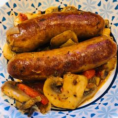 A picture of Sausage, Peppers, Onions and Mushrooms.