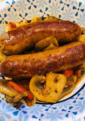 A picture of Sausage, Peppers, Onions and Mushrooms.