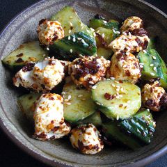 Cucumber & Cream Cheese with Crispy Chilli Oil A picture of Cucumber & Cream Cheese with Crispy Chilli Oil.