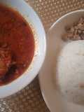 White rice, beans with dried fish stew