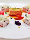 Pesce spada con gazpacho di anguria e ciliegie, e anguria arrosto