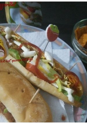 A picture of Hot-hot quinoa hot dogs with nutri &flax.