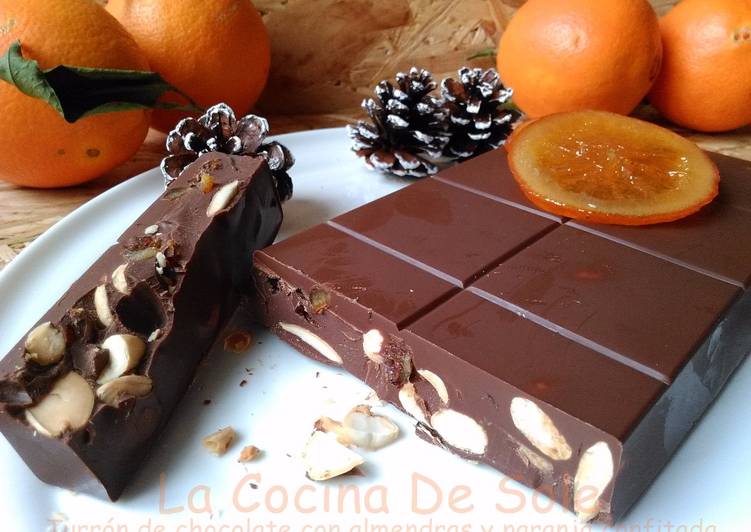 Turrón de chocolate con almendras y naranja confitada
