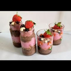 A picture of Chocolate chia seed parfait with strawberry yogurt.