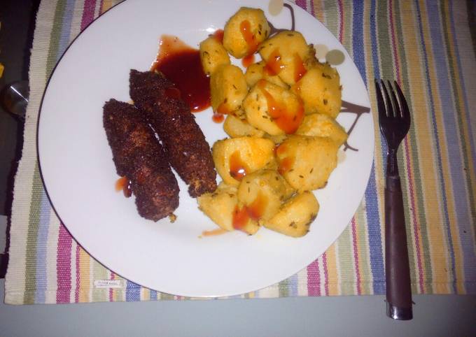 Roasted potatoes and coated smokies