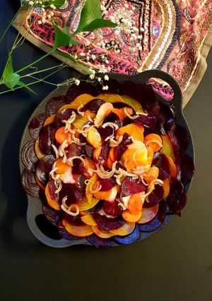 A picture of Beetroot, carrot and potato salad.