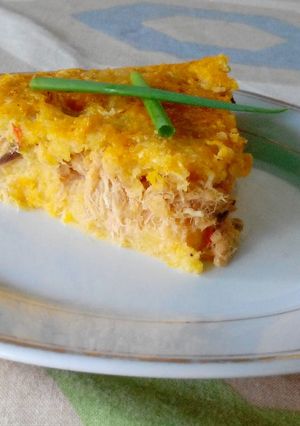 Una foto de Polenta de Calabaza (Auyama) con pescado desmenuzado
