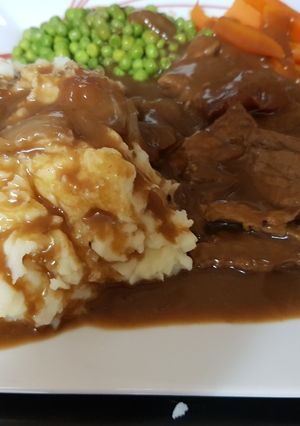 A picture of My Gorgeous Braising Steak and onion in Gravy.