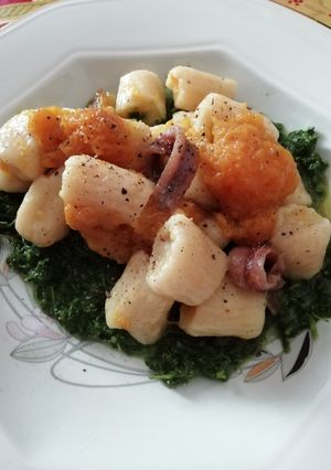 A picture of Ricotta Gnocchi with Pumpkin and Broccoli Rabe Pesto.