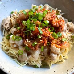 A picture of Cold Angel Hair Pasta (Capellini) with Pork & Kimchi.