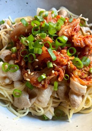 A picture of Cold Angel Hair Pasta (Capellini) with Pork & Kimchi.