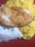 Locro de zapallo, arroz y milanesa de pollo