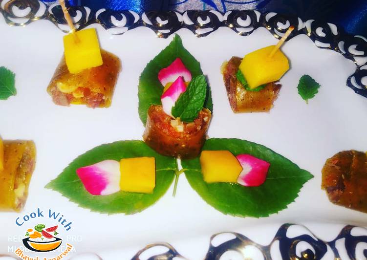 Aam papad sushi with rosey filling