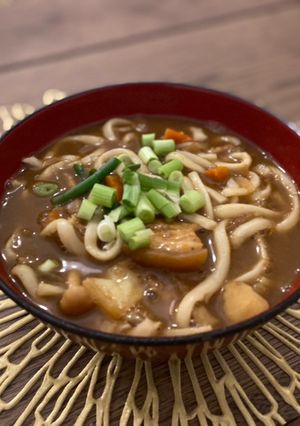 A picture of Japanese curry udon with leftover curry.