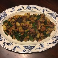 A picture of California Farm Ham Potato Onion Chard Stirfry in mild pepper sauce.