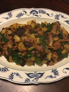 A picture of California Farm Ham Potato Onion Chard Stirfry in mild pepper sauce.