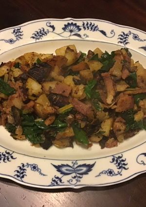 A picture of California Farm Ham Potato Onion Chard Stirfry in mild pepper sauce.