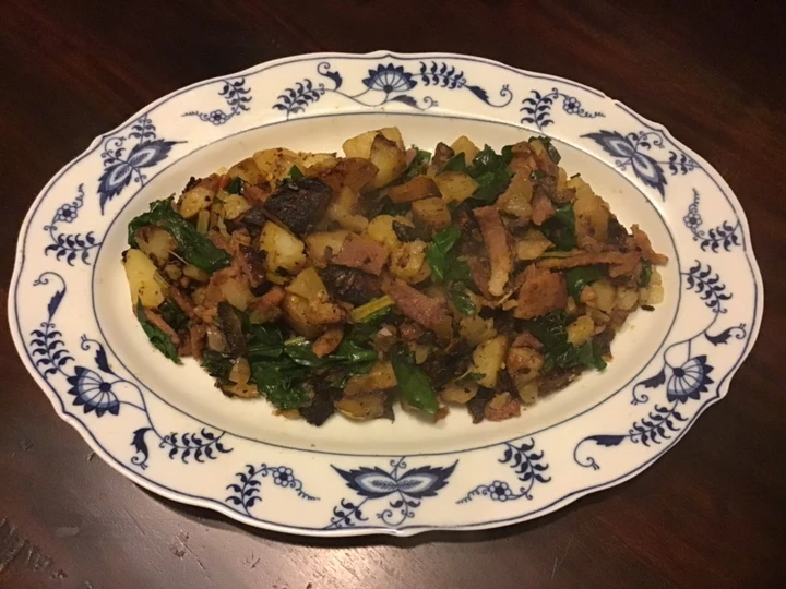Easy Way Make Recipe California Farm Ham Potato Onion Chard Stirfry in mild pepper sauce that is Delicious, So Delicious}