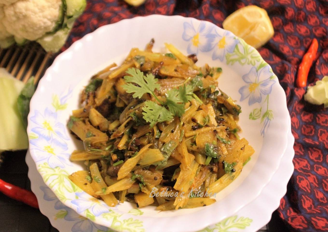 Phulkophir Data Chorchori (Cauliflower Stems Stir Fry - Bengali Style)