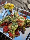 Char grilled scallops with mango avocado chimmichuri and veg