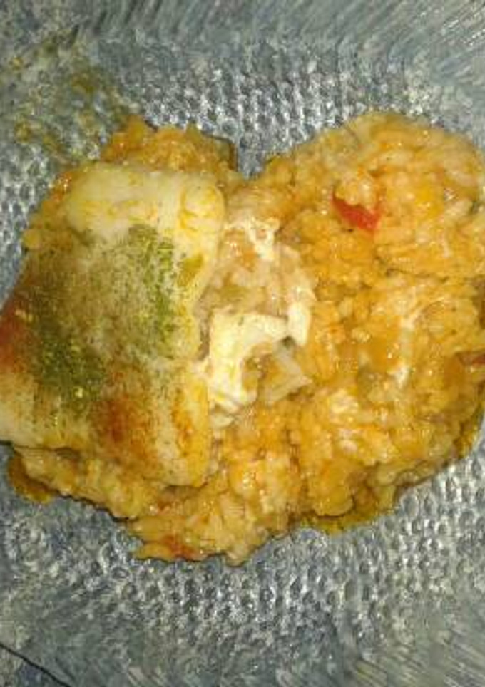 Una foto de Arroz con bacalao y pisto