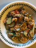 Spaghetti with Flaked Trout, Baby Tomatoes, Mushrooms, Garlic, Courgettes & Chilli