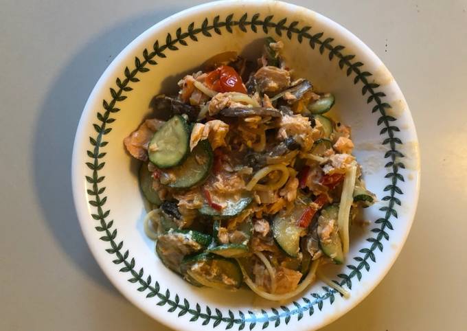 Spaghetti with Flaked Trout, Baby Tomatoes, Mushrooms, Garlic, Courgettes & Chilli