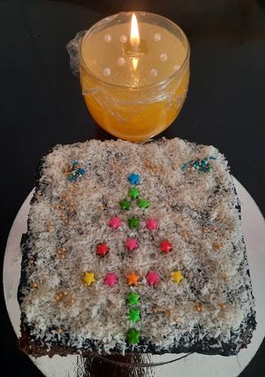A picture of Lamington chocolate cake.
