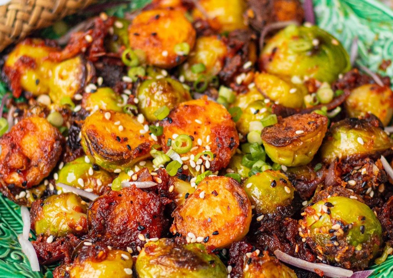 Steps to Prepare Award-winning Festive Pan Fried Brussel Sprouts with
Sticky Gochujang Sauce 🌶 🎄