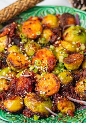 A picture of Festive Pan Fried Brussel Sprouts with Sticky Gochujang Sauce 🌶 🎄.