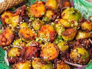 Festive Pan Fried Brussel Sprouts with Sticky Gochujang Sauce πΆ π