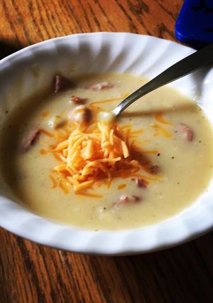 A picture of Slow cooker Potato & Smoked Sausage soup.