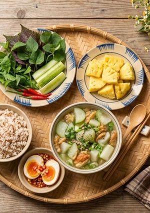 Hình của món Canh Mướp Da Gà & Trứng Dằm Mắm Rau Sống - Bữa Cơm 10 Phút.