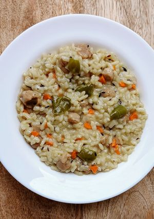 A picture of Arborio Rice Vegetable and Soya Chunk Risotto.