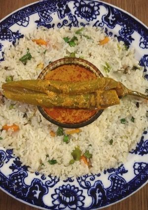 A picture of Hyderabadi Mirchi Ka Salan Aur Pulao.